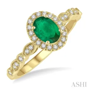 1/6 Ctw Oval Shape 6x4 MM Emerald & Round Cut Diamond Precious Ring in 10K Yellow Gold