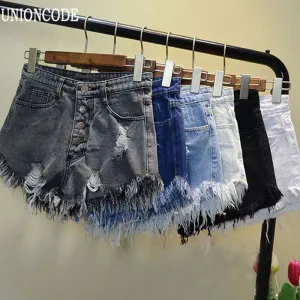 2016 European and American BF summer wind female blue high waist denim shorts women worn loose burr hole jeans shorts