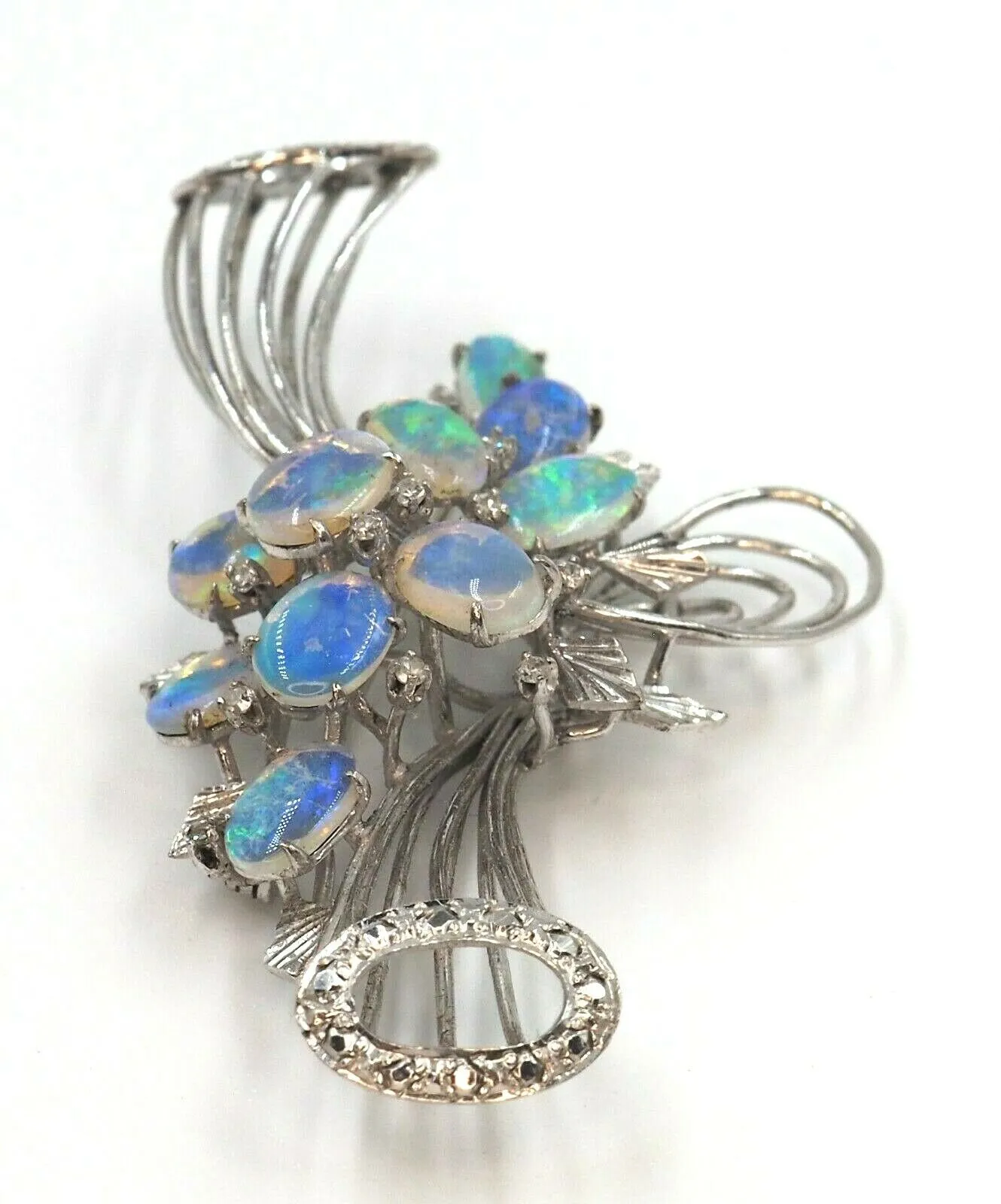 9ct White Gold Crystal Opal & Diamond Spray Style Brooch