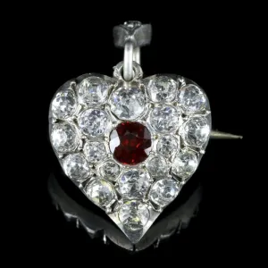 Antique Victorian Garnet Paste Brooch Pendant Silver Heart Circa 1900