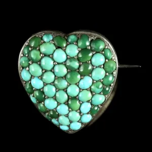 Antique Victorian Turquoise Heart Locket Silver Brooch Circa 1900