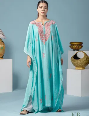 Badaam Posh Sea Green Embroidered Summer Cotton Kaftan