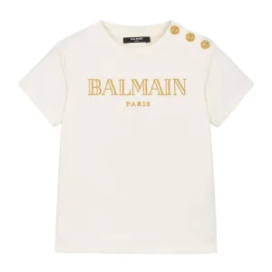 Balmain Kids Embroidered Logo Ivory Button T-Shirt