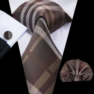 Beautiful Men's Brown Plaid Tie Handkerchief Cufflinks Set