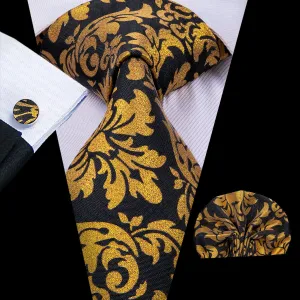 Black gold Floral Tie Pocket Square Cufflinks Set