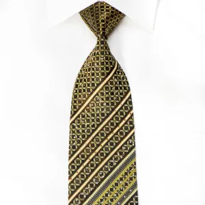 Crocodile Men's Crystal Silk Necktie Green Geometric & Striped On Dark Brown With Sparkles