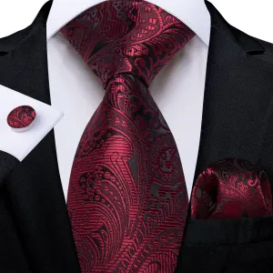 DiBanGu Dress Tie Dark Red Floral Mens Silk Business Work Tie Handkerchief Cufflinks Set