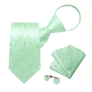 DiBanGu Silk Tie Mint Green Paisley Lazy Easy-pull Mens Dress Tie Hanky Cufflinks Set