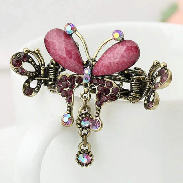 Elegant Women Turquoise Butterfly Flower Hairpins Vintage Hair Barrettes Clip Crystal Butterfly Bow Hair Clip Hair Accessories