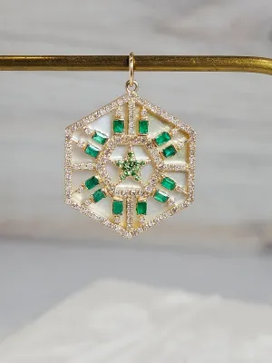 Emerald, Diamond, White Mother of Pearl Star Hexagon Gemstone Pendant 14K Yellow Gold