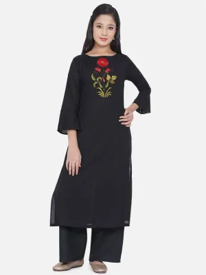 Girls Black & Red Floral Embroidered Kurta With Palazzos