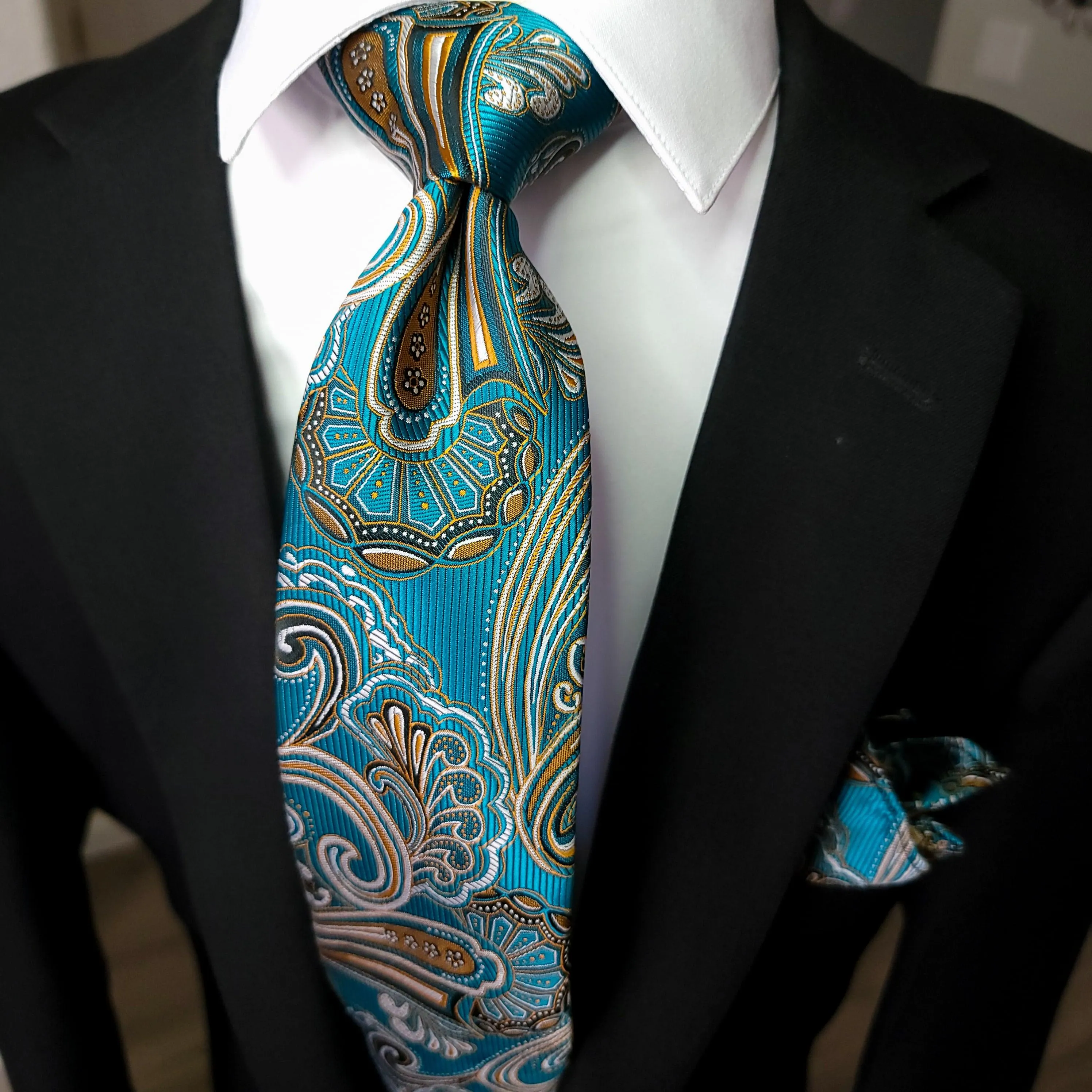 Green Teal Paisley Silk Tie Pocket Square Cufflink Set