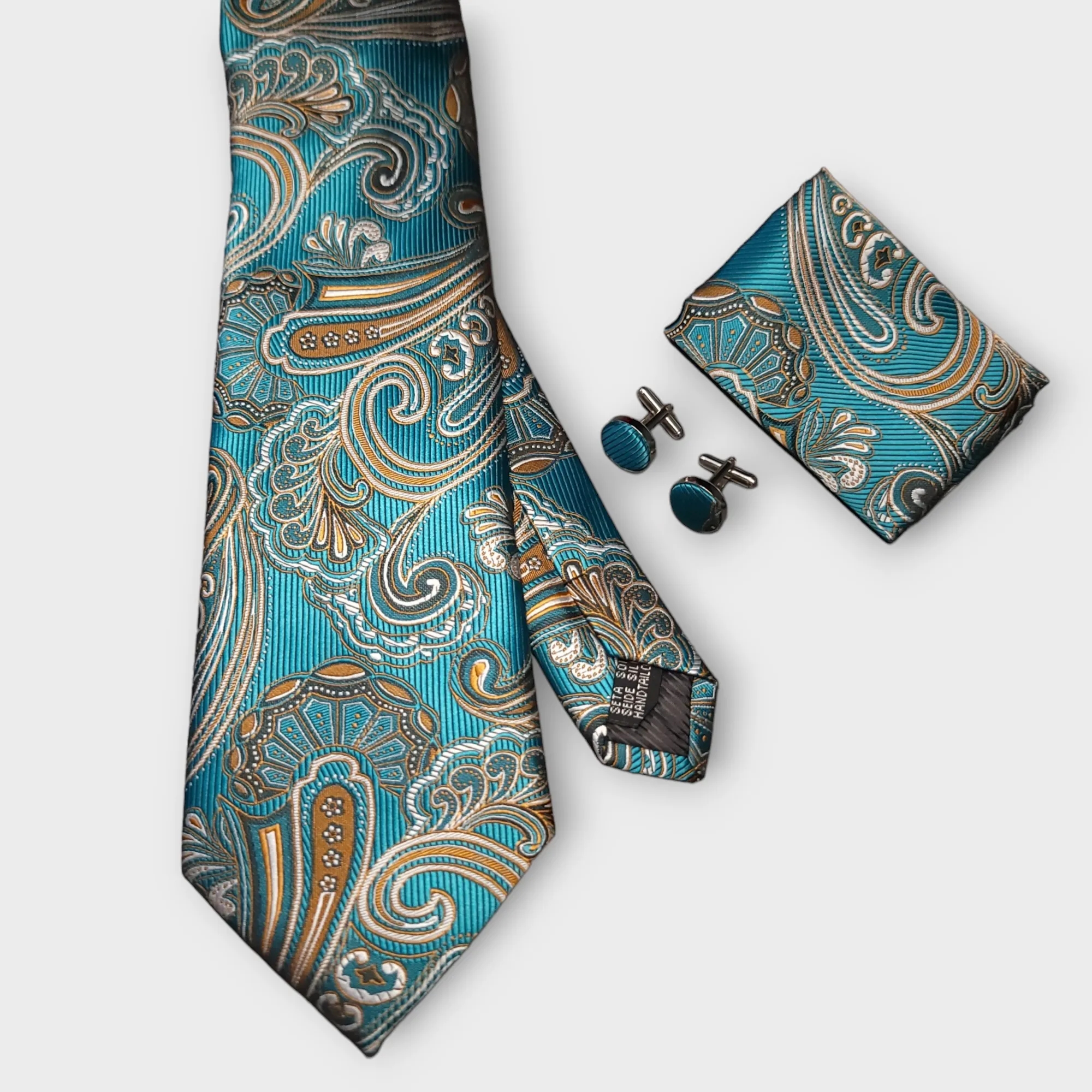 Green Teal Paisley Silk Tie Pocket Square Cufflink Set