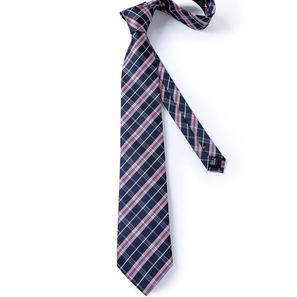 Men's Pink Blue Plaid Tie Handkerchief Cufflinks Set