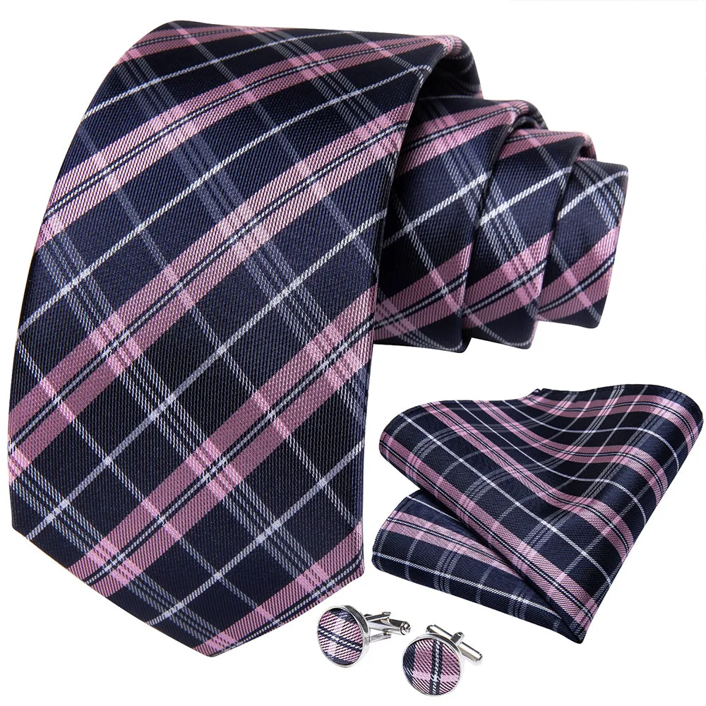 Men's Pink Blue Plaid Tie Handkerchief Cufflinks Set