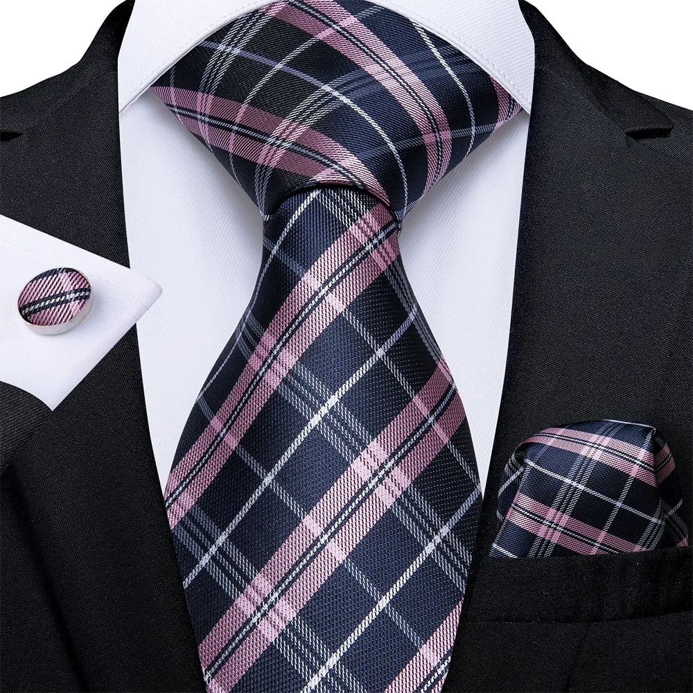 Men's Pink Blue Plaid Tie Handkerchief Cufflinks Set