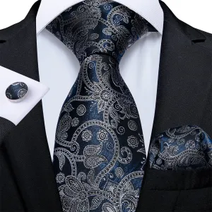 Novelty Blue Grey floral Tie Handkerchief Cufflinks Set