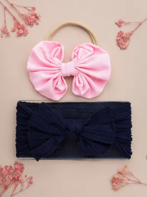 Over Sized Bow Headband & Head Wrap Set-  Light Pink & Dark Blue