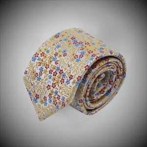 Silver Grey Ground With Red Blue Yellow Floral Pattern Woven Silk Tie